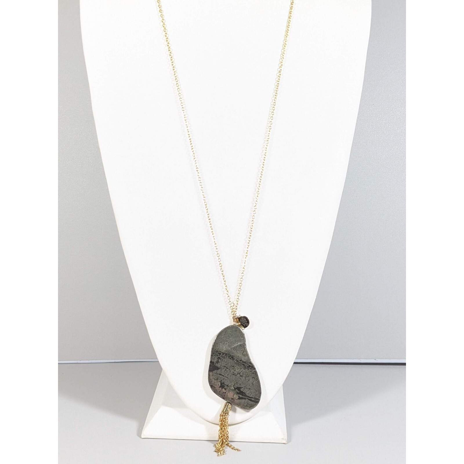 Bourbon And Boweties Gold Tone Gray Black Stone Tassel Long Necklace 34